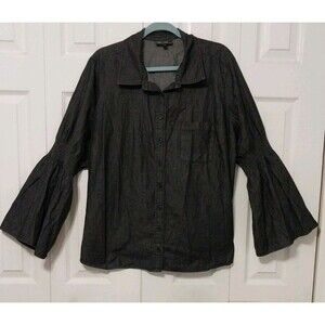 DG2 Diane Gilman Woman's Cotton Chambray Balloon Sleeve Button Up Collar Top 1X